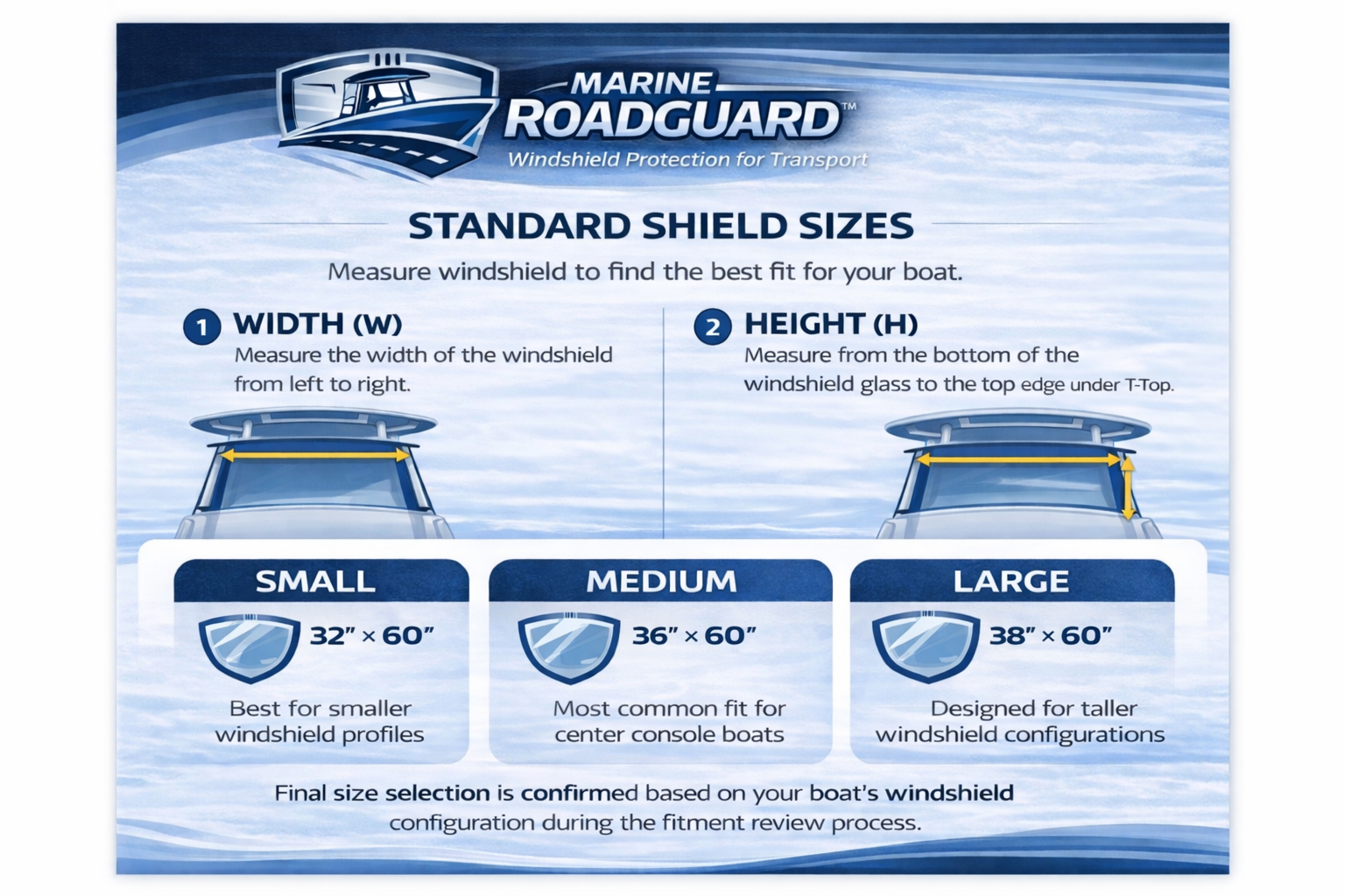 Marine RoadGuard standard shield sizes chart showing small, medium, and large sizing information